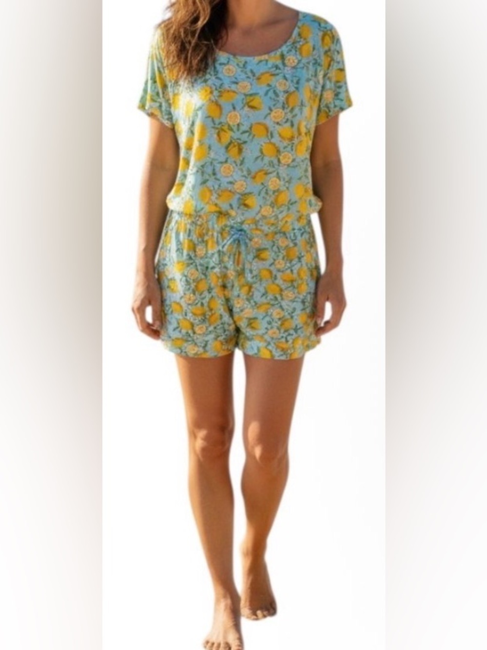 Alex’s Lemonade Stand Summer Lemon Print Short Romper - Aqua & Yellow - Size L